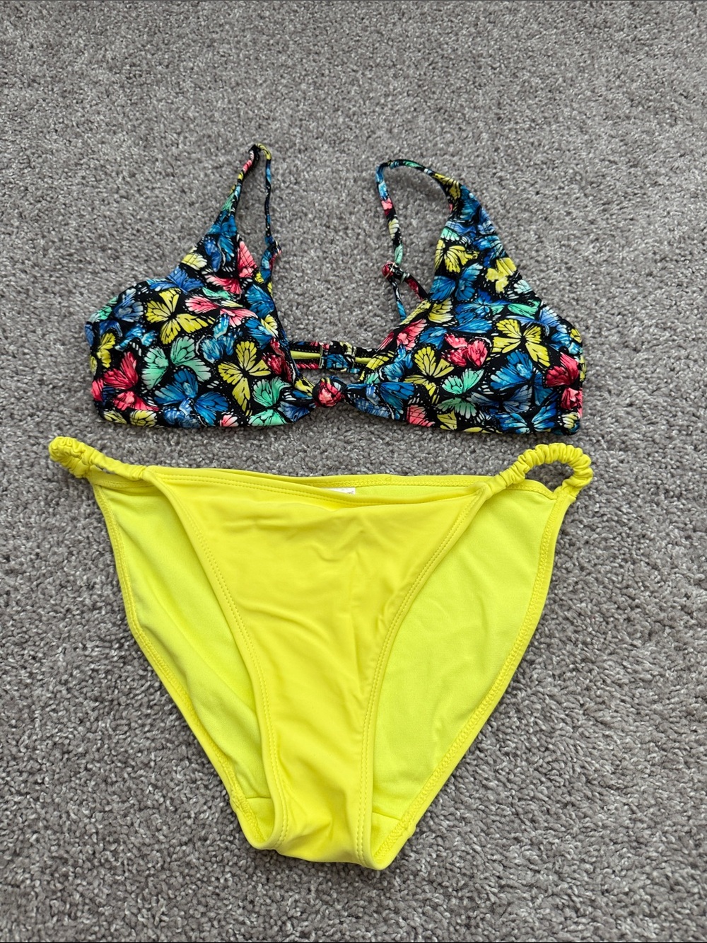 No Boundaries Black Butterfly Print Bikini Top with Neon Yellow Bottoms
